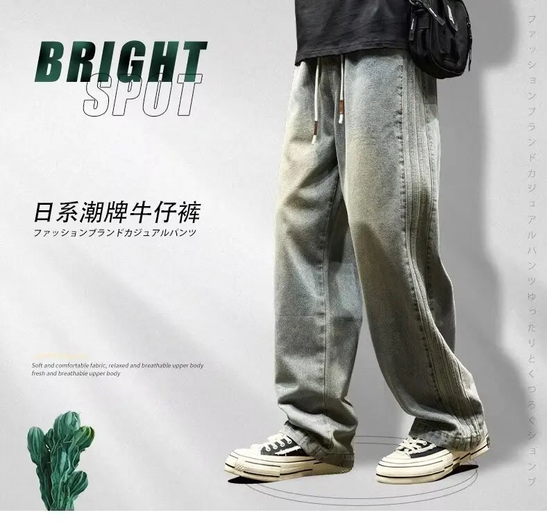 New American Retro Black Straight-leg Jeans For Men High-street Washed Fashionable Loose Wide-leg Floor-length Trousers Clothing