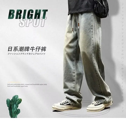 New American Retro Black Straight-leg Jeans For Men High-street Washed Fashionable Loose Wide-leg Floor-length Trousers Clothing