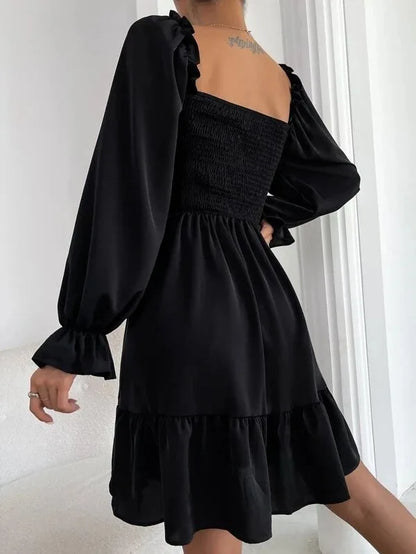Women's Dress Simple Square Neck Solid Color Long Sleeve Dress Parallel Crepe Seam Body Bell Sleeves Ruffle Hem Dress Women