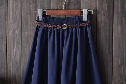 Midi Knee Length Summer Skirt Women With Belt  Fashion Korean Ladies High Waist Pleated A-line School Skirt Female