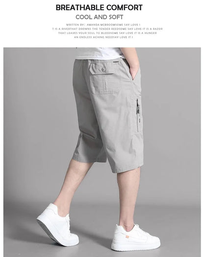 Men's Cargo Shorts Knee Pants Zipper Pocket Summer Cotton Shorts Climbing Jogger Elastic Waist Sports Wear