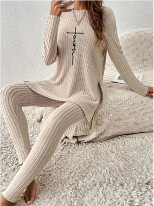 Casual Solid Color Winter Knitted Suit Women Two-Piece Long Sleeve Split Top Slim Fit Pants Autumn Fashion Set