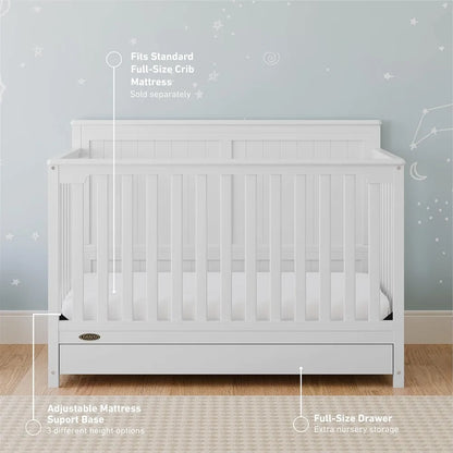 Hadley 5-in-1 Convertible Crib with Drawer (White) – GREENGUARD Gold Certified, Crib with Drawer Combo