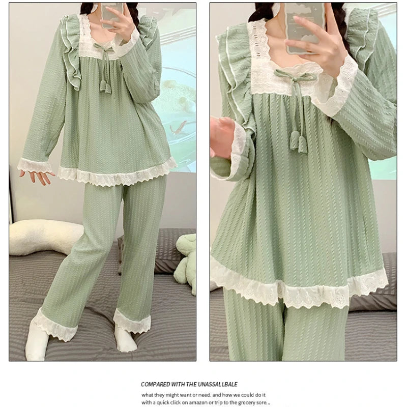 5XL Plus Size Spring Ladies Pajamas Set Princess Style Cotton Soft Sleepwear Square Neck Long-sleeve Trousers suit Household Wear