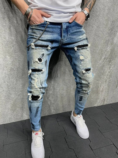Men Jeans Knee Hole Ripped Stretch Skinny Denim Pants Solid Splice Color Blue Autumn Summer Hip-Hop Style Slim Fit Trousers 2025