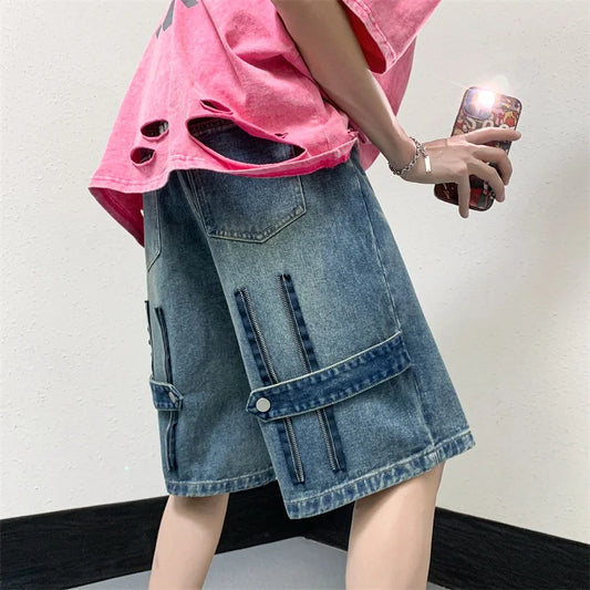 Men Patchwork Oversized Jeans Shorts Streetwear Harajuku Denim Shorts 2025 New Hip Hop Vintage Blue Summer Casual Loose Shorts