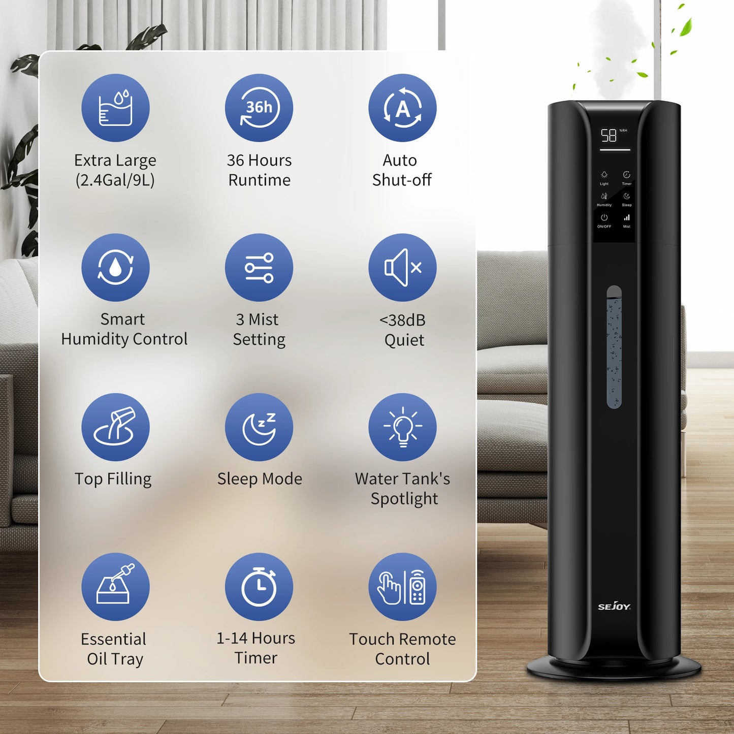 SEJOY Humidifiers for Bedroom Large Room, 9L/2.4Gal Cool Mist Top Fill Humidifier with Essential Oil 360°Nozzle for Baby Office