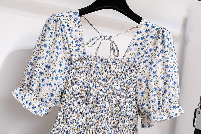 Summer Pleated Women Chiffon Dresses Casual Beach Holiday Short Sleeve Square Collar Woman Midi Dress Bohemian