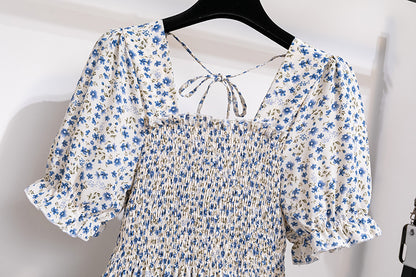 Summer Pleated Women Chiffon Dresses Casual Beach Holiday Short Sleeve Square Collar Woman Midi Dress Bohemian