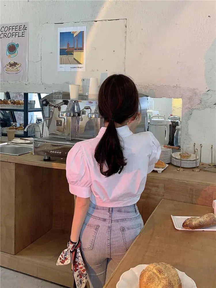 Korean Fashion Women's Shirt Summer Elegant Youth Blouses Clothes Preppy Puff Sleeve White Shirts Cropped Cute Top 2025