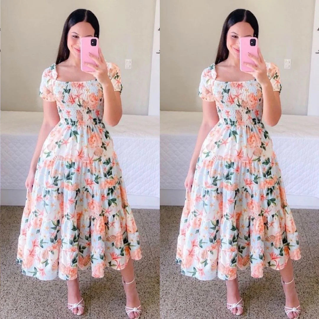 Elegant Women's Off Shoulder Midi Dress 2025 Summer Fashion dresses High Waist Flower Print Short  Sleeve Dress Robe Clothing