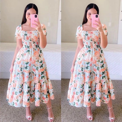 Elegant Women's Off Shoulder Midi Dress 2025 Summer Fashion dresses High Waist Flower Print Short  Sleeve Dress Robe Clothing