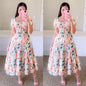 Elegant Women's Off Shoulder Midi Dress 2025 Summer Fashion dresses High Waist Flower Print Short  Sleeve Dress Robe Clothing