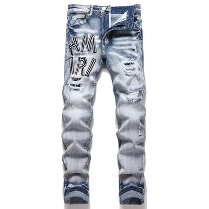 2025 New Punk Men Black Blue Letter Embroidery Jeans Streetwear Holes Ripped Denim Pants Men's Hip Hop Slim Jean Hombre Trousers