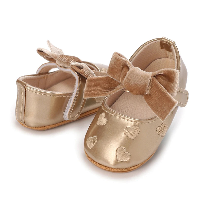 Baby Girls Cute Moccasins Heart Pattern Bowknot Soft Sole PU Leather Flats Shoes First Walkers Non-Slip Princess Shoes