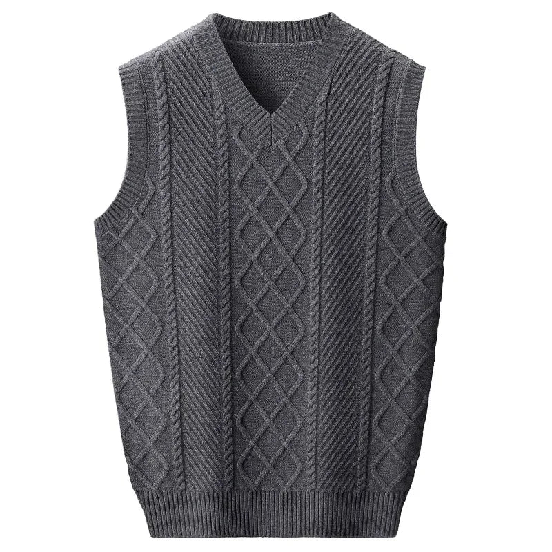 Stylish V-neck Jacquard Knit Sleeveless Sweater Vest for Men Middle-aged Men Fashion Solid Color Warm Top