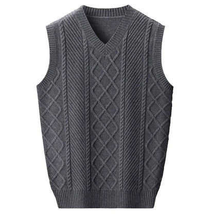Stylish V-neck Jacquard Knit Sleeveless Sweater Vest for Men Middle-aged Men Fashion Solid Color Warm Top