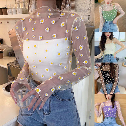 Women Daisy Print Lace Sheer Tops Sexy Tees Long Sleeve Thin Mesh Shirts Fashion Ladies Top 2025 Summer Sunscreen Blouse