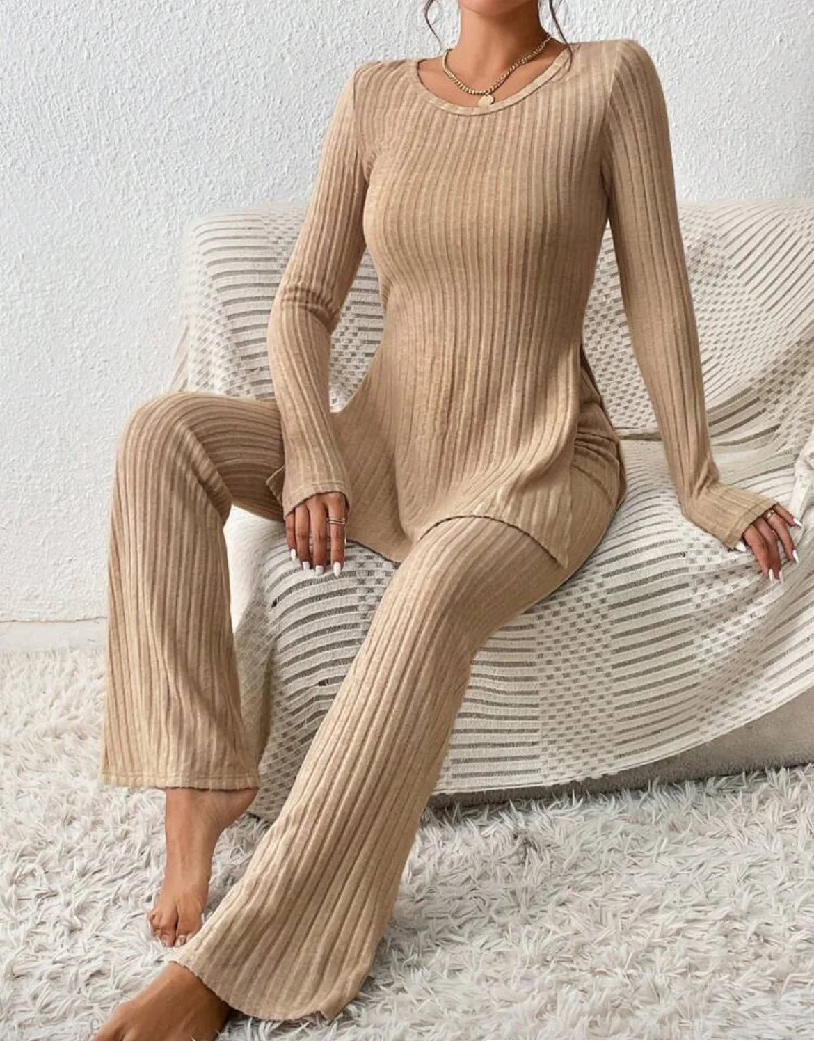 Autumn Winter Women's Clothing New Style Solid Color Sexy Casual Long Sleeved Round Neck Slit Fashion Temperament Two-piece Set