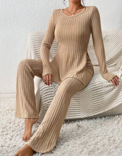Autumn Winter Women's Clothing New Style Solid Color Sexy Casual Long Sleeved Round Neck Slit Fashion Temperament Two-piece Set