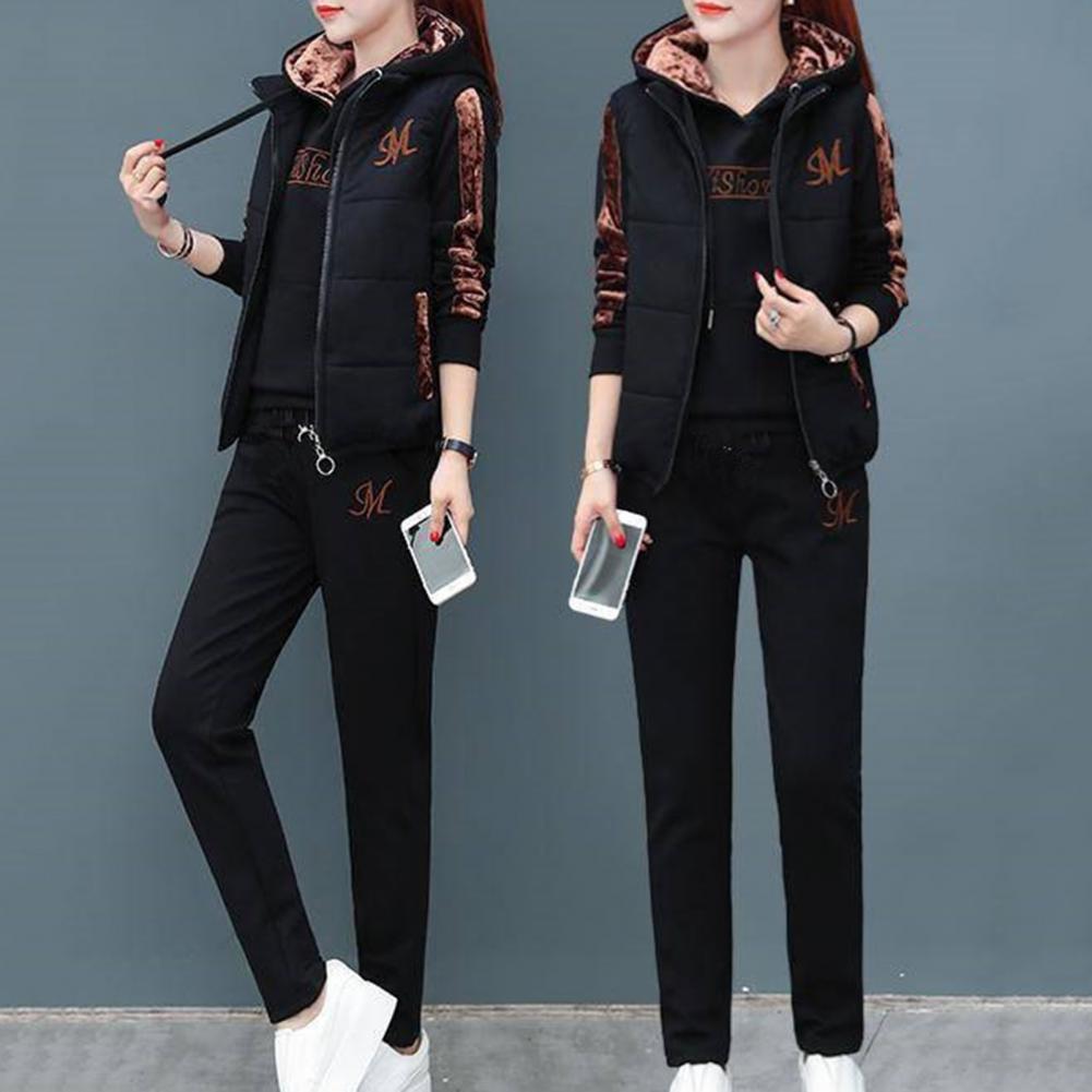 Fashion Warm Three Piece Set Women Outfit 2025 Fall Winter Thicken Tracksuit Casual Waistcoat + Hoodies + Pant Female Sweat Suit