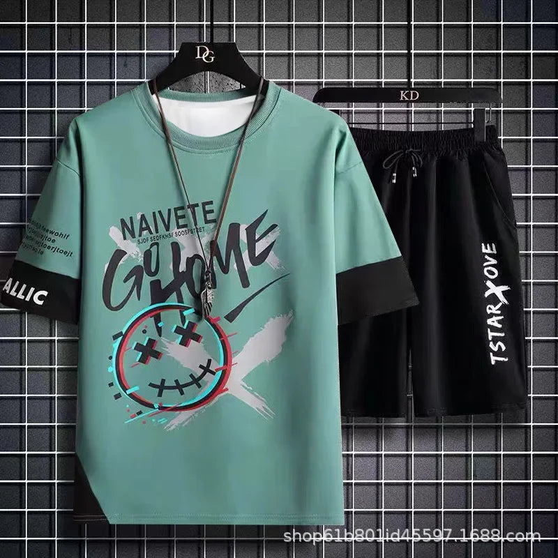 Summer Men Sets 2 Piece Set Tracksuits T-shirt for Men sport gym Casual Men Clothing Y2K Joggers Plaid T Shirt Shorts Outfit