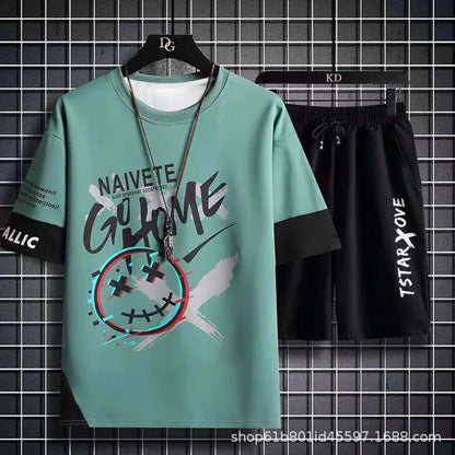 Summer Men Sets 2 Piece Set Tracksuits T-shirt for Men sport gym Casual Men Clothing Y2K Joggers Plaid T Shirt Shorts Outfit