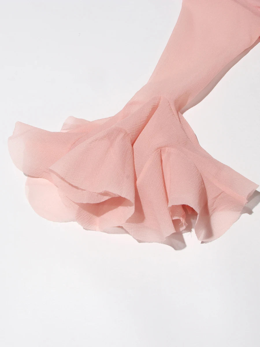 TWOTWINSTYLE Pink Patchwork Ruffle Dress For Women Round Neck Flare Sleeve High Wait Slim Elegant Midi 107CM Dress Female 2025