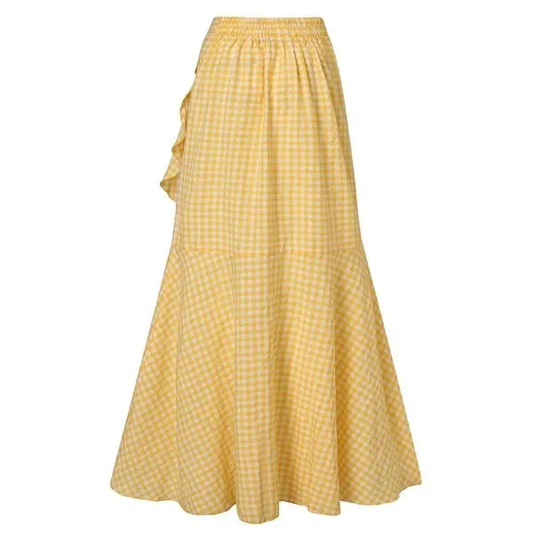 Spring Autumn Women Long Skirt High Waist Lace-up Ruffle Trim Plaid Print Bow Tie Irregular Hem Maxi Skirt Female 2025 New