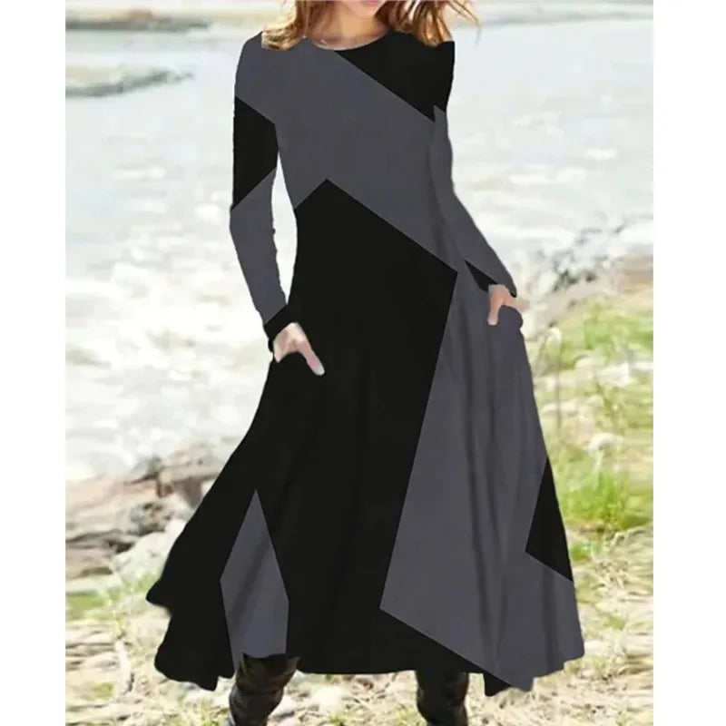New 2025 Women's Casual Elegant Party Dress Contrast Color Ladies Spring Autumn Loose Long Sleeve Dress with Pockets Midi Dress