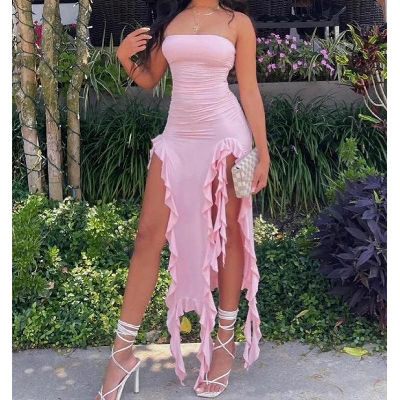 Elegant Strapless Sexy Maxi Dress Women's Irregular Tassel 2025 Summer Trend Skinny Split Bodycon Birthday Party Clubwear Dress