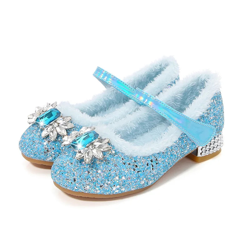 Disney Princess Crystal Girls Shoes Frozen Elsa Sophia Rhinestones Shoes Performance Party High Heels Pink Blue Shoes Size 23-36