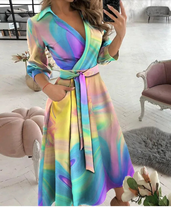 Office Women Casual Sashes A-Line Wrap Summer Dress 2025 Print Long Sleeve V-Neck Dress Pocket Elegant Midi Party Dress Vestidos