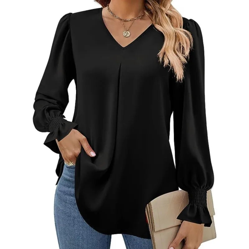 Women's New Solid Color Chiffon Shirt V-neck Pullover Flared Long Sleeved Top Shirt Office Lady Elegant Khaki Loose Blouse
