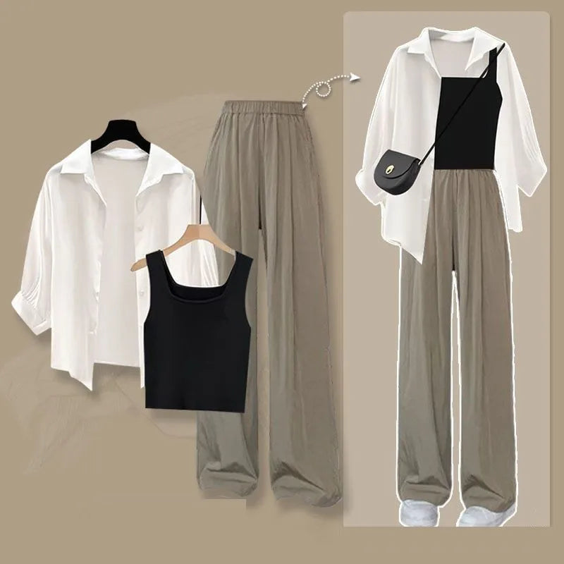 2025 Summer New Fashion Tracksuit Matching Set Women's Elegant White Sunscreen Shirt+ Vest+ Casual Wide Leg Pants 3-Piece Suit