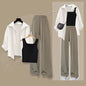 2025 Summer New Fashion Tracksuit Matching Set Women's Elegant White Sunscreen Shirt+ Vest+ Casual Wide Leg Pants 3-Piece Suit
