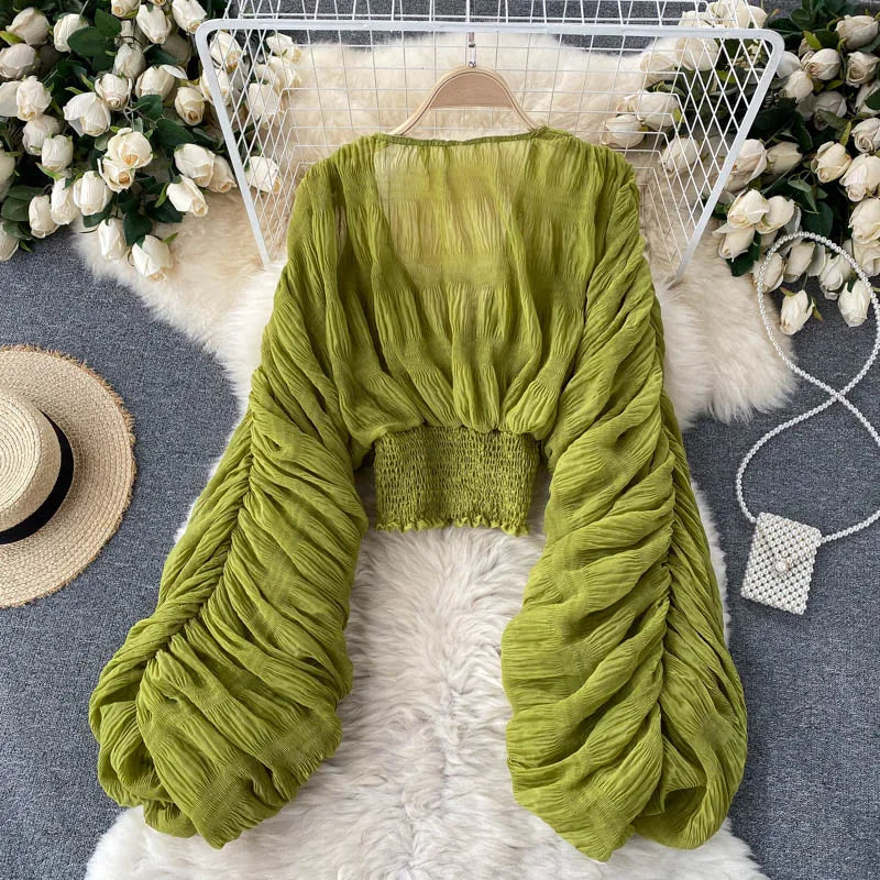 Women Sexy Chiffon Short Blouse Female See Through Super Long Sleeve Purple/Green/Black/White Folds Party Tops 2025 New