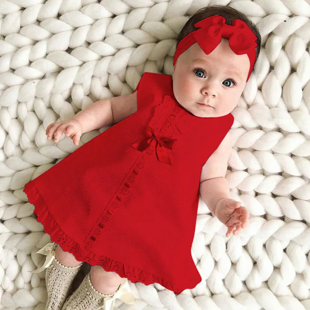 New Maxi Bow Dress+ headband Set Newborn Baby Girl Sleeveless Outfit Bowknot Ruffle Red Clothes Baby Summer Dresses For Girls