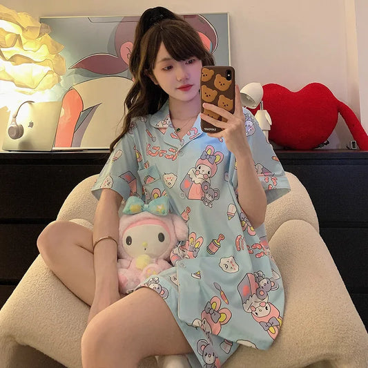 Plus Size Ins Cartoon Pajamas Set Korean Student Summer Internet Celebrity Girl Short Sleeve Shorts Thin Loose Home wear