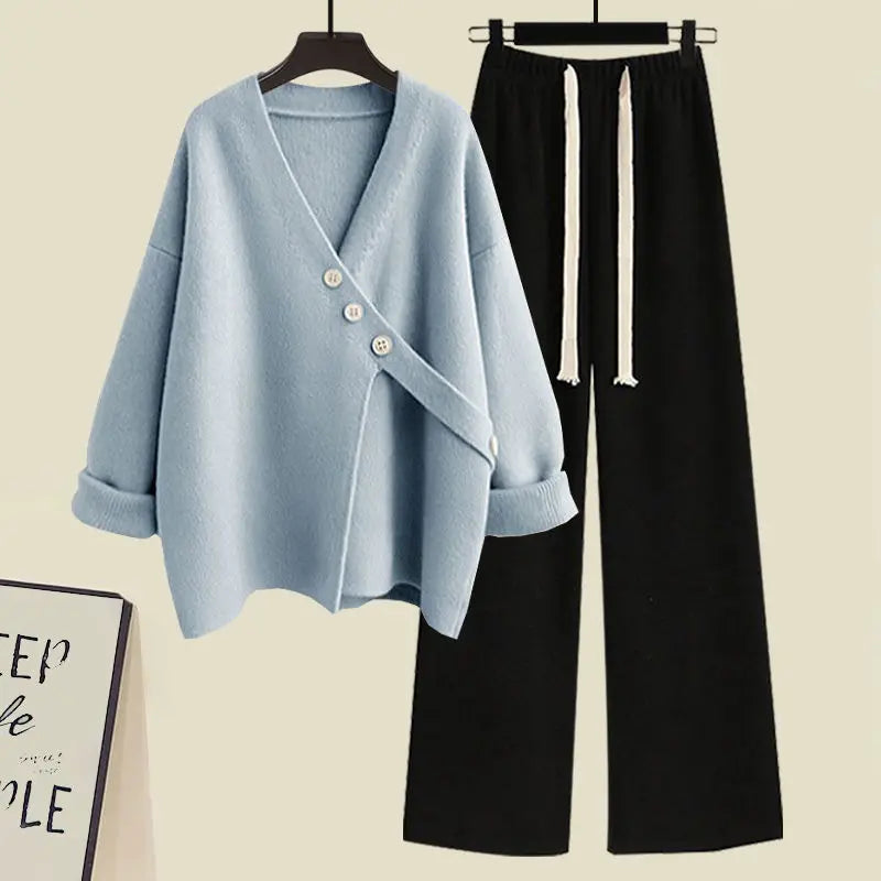 Women's Spring Autumn New Casual Matching Set Korean Elegant Irregular Knit Sweater+ Loose Wide Leg Pants Two Piece Female Suit