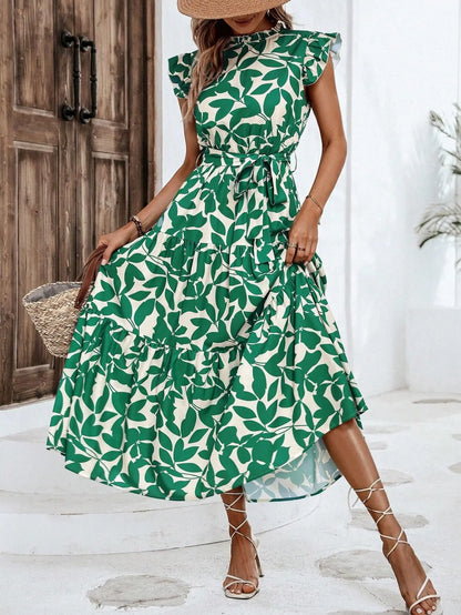 Elegant Women's Flower Midi Dress New Summer Fashion Stand Collar Flying Sleeve Lace Up Dress Casual Beach Holiday Dresses Robe