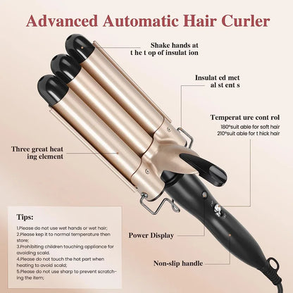 Hair Curler Tourmaline Ceramic 3 Barrel Hair Curling Iron Electric Curl Hair Machine Triple Barrel Hair Curler Hair Styling Tool