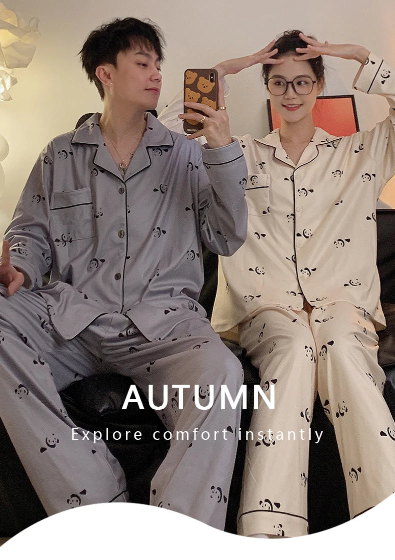 Pajama Women Pajama Man Set Cotton Plus Size Spring Autumn Long-sleeved Korean Cardigan Casual V-neck Nightwear Couple Pyjama