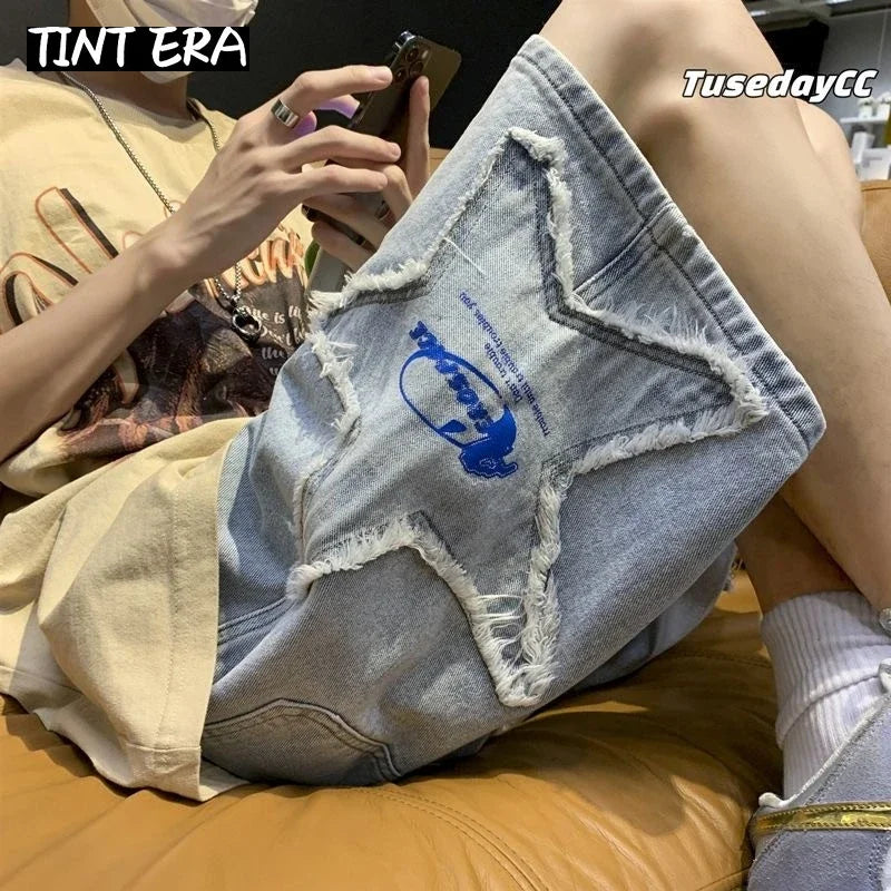 TINT ERA Y2K Men's Streetwear Breeches Star Korean Haruku Pocket Denim Hip Hop Cargo Short Pants Grunge Bermudas Jeans Shorts