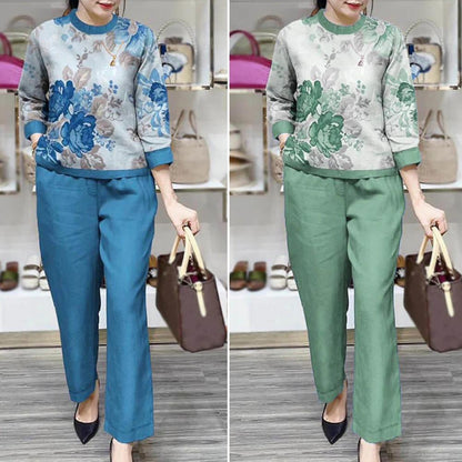 Summer Sets Large Silk Wide Leg Trouser Set Women's Spring 2025 New Print Silk Fashion Slim Two Piece Set Female Elegant