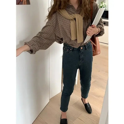 Plaid Shirts Women Retro Turn-down Collar Blouses All-match Straight Hong Kong Style Button Up Elegant Long Sleeve Outwear Femme