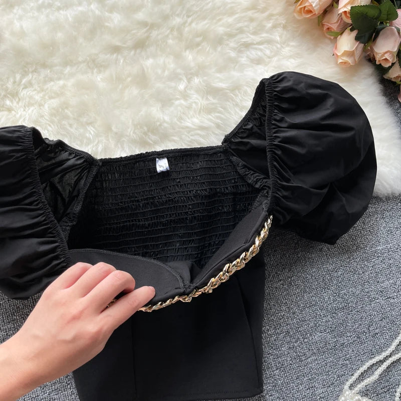 Belly Button Shirt Chic Chain Off Shoulder Expose Clavicle Tank Top Summer Puff Sleeve Crop Tops Women Elegant Sexy Slim Blouses