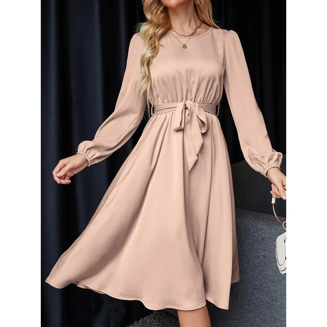 Summer Women's New Fashion Lantern Sleeves Keyhole Back Lace Up Waist Satin Round Neck Long Sleeve Medium Length Dress