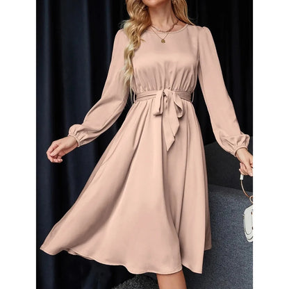 Summer Women's New Fashion Lantern Sleeves Keyhole Back Lace Up Waist Satin Round Neck Long Sleeve Medium Length Dress
