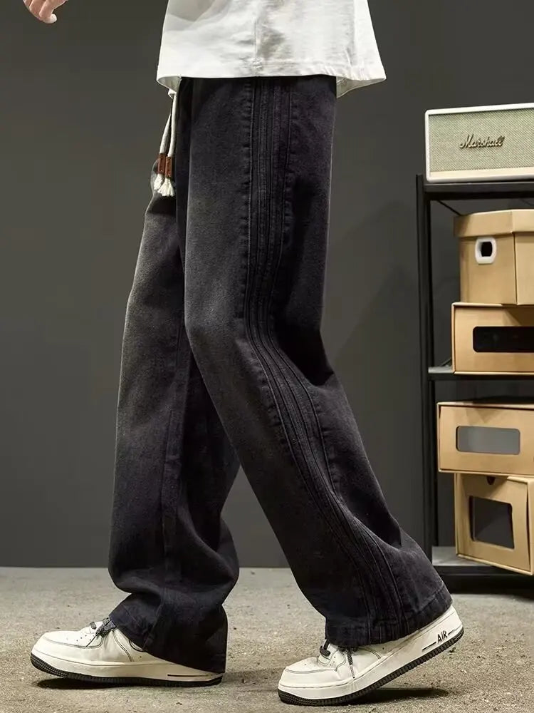 New American Retro Black Straight-leg Jeans For Men High-street Washed Fashionable Loose Wide-leg Floor-length Trousers Clothing